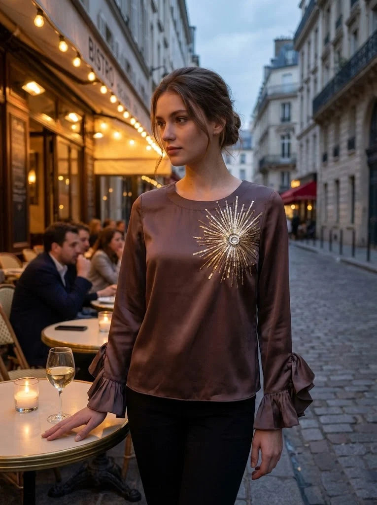 Satin Top with Hand-Embroidered Firecracker Motif and Ruffle Sleeves-4