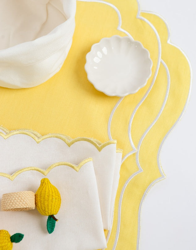 Linen Table Placemat and Napkins Set with Embroidered Scalloped Edges-4