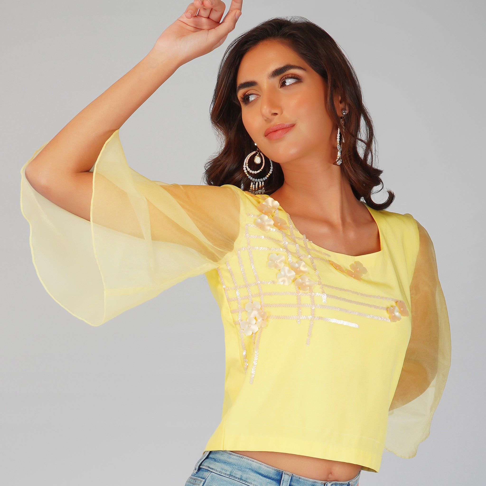 Butter Yellow Crepe Crop Top with Organza Bell Sleeves & Sequin Embroidery-0