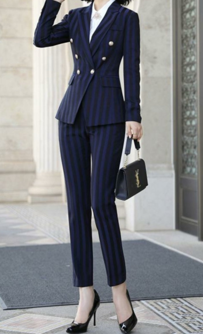 Navy stripped 2-piece pants suit (UK size 6)-1