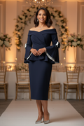 Navy blue contrast trumpet sleeves off-shoulder dress-0