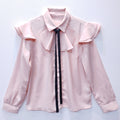 Pink Georgette Shirt with Ruffles and Contrast Bow Tie-0