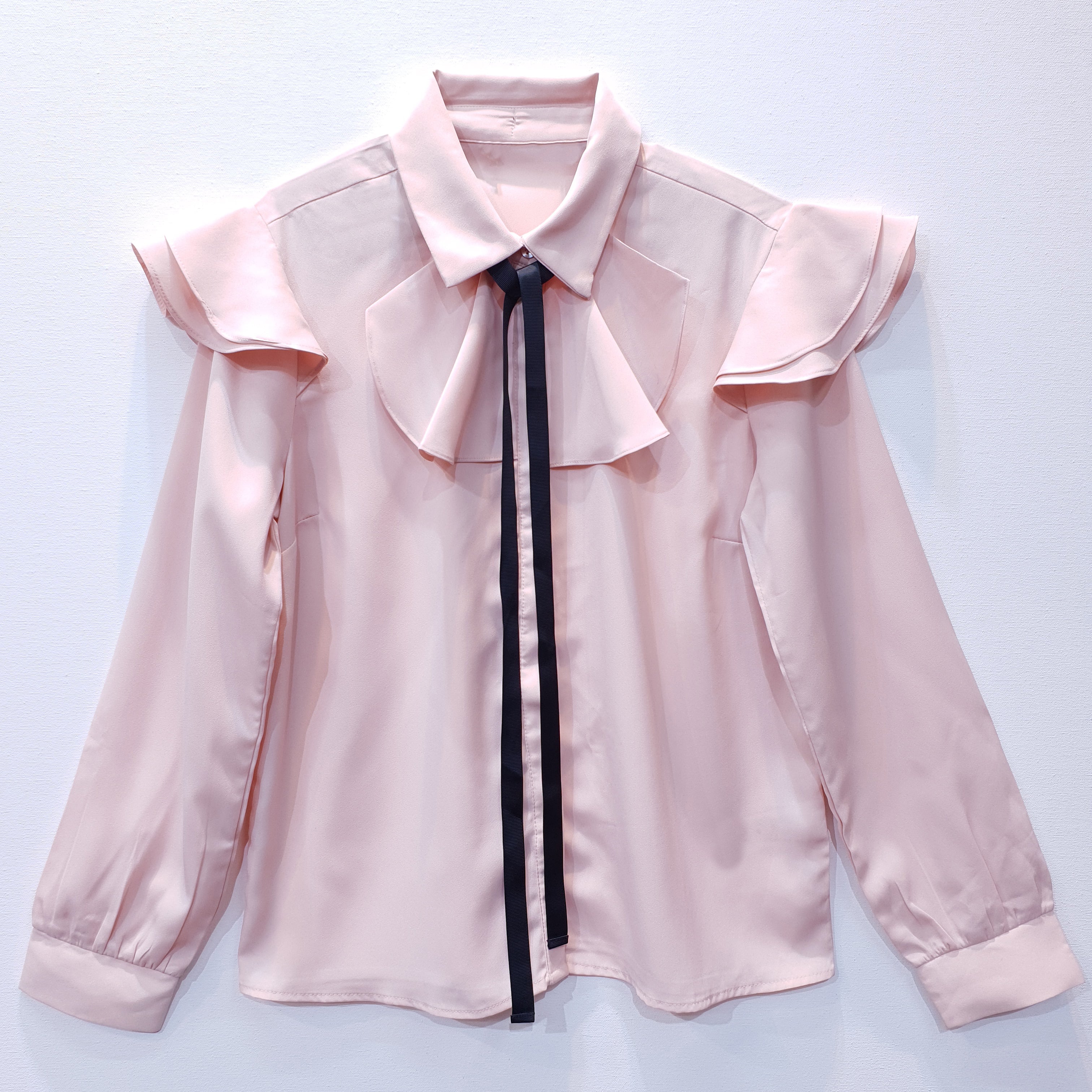 Pink Georgette Shirt with Ruffles and Contrast Bow Tie-0