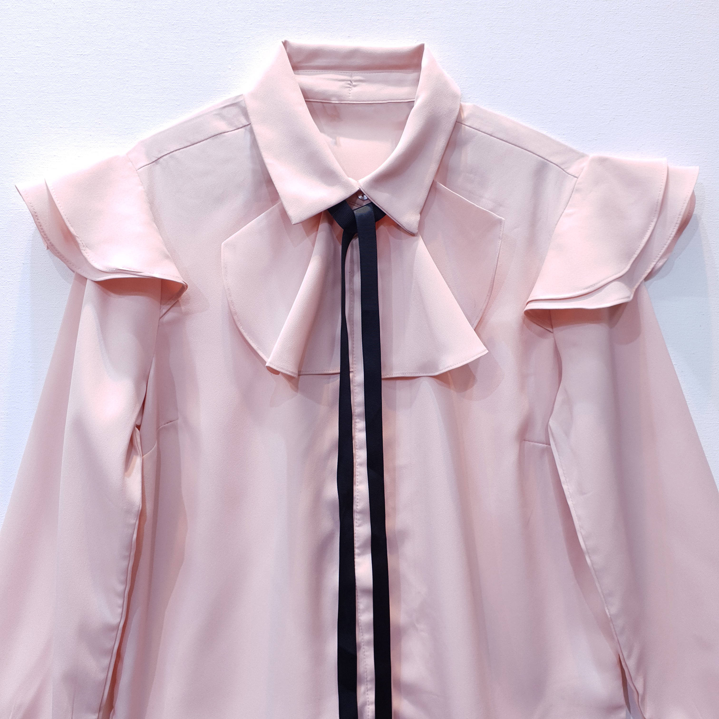 Pink Georgette Shirt with Ruffles and Contrast Bow Tie-1