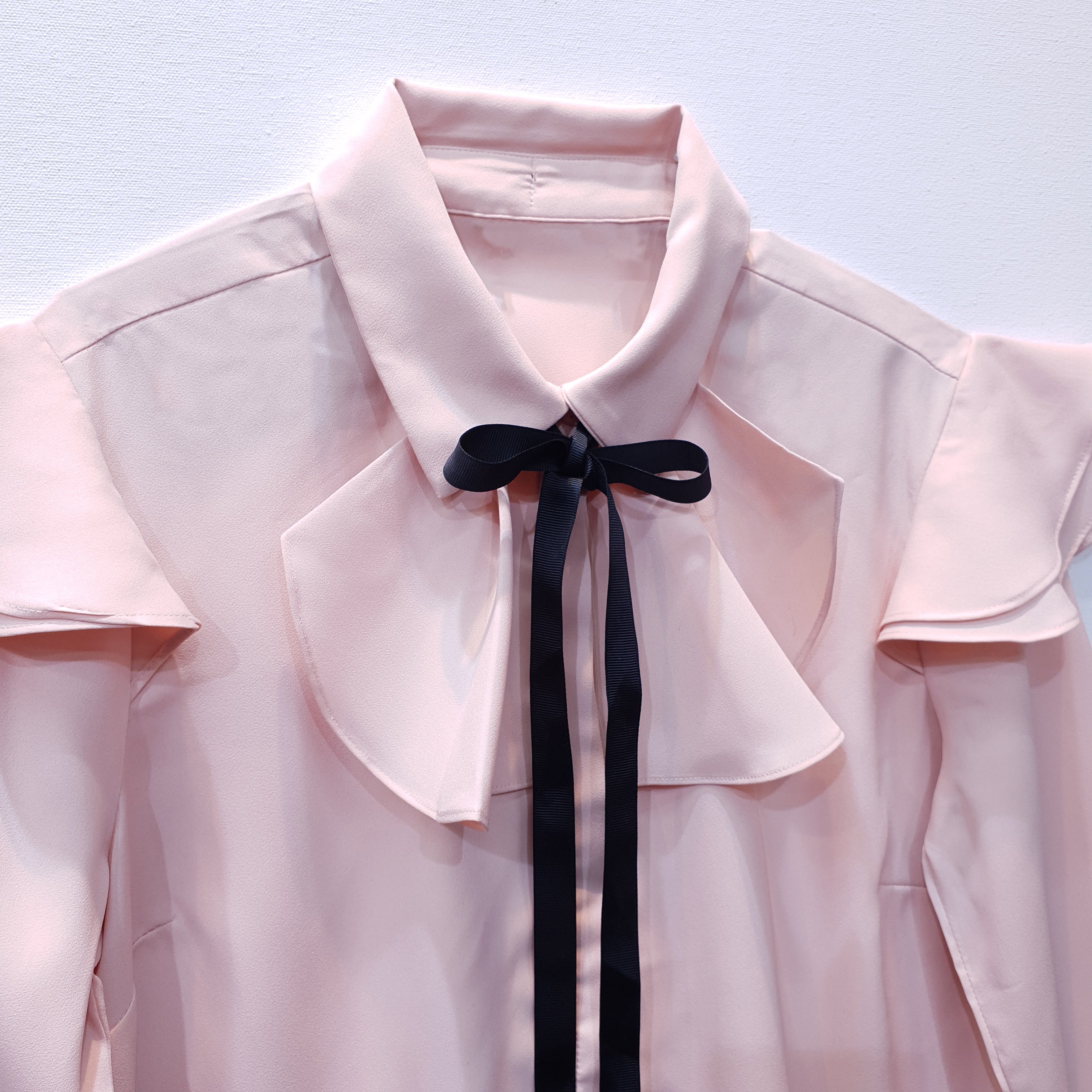 Pink Georgette Shirt with Ruffles and Contrast Bow Tie-3