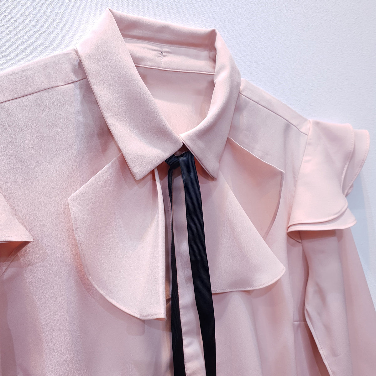 Pink Georgette Shirt with Ruffles and Contrast Bow Tie-4