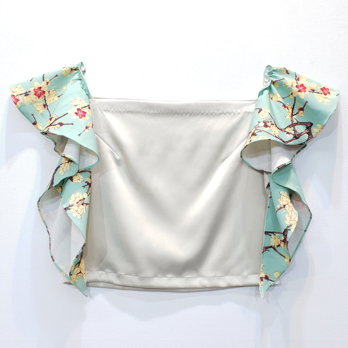Ivory Duchess Satin Top with Printed Ruffle Shoulders-0