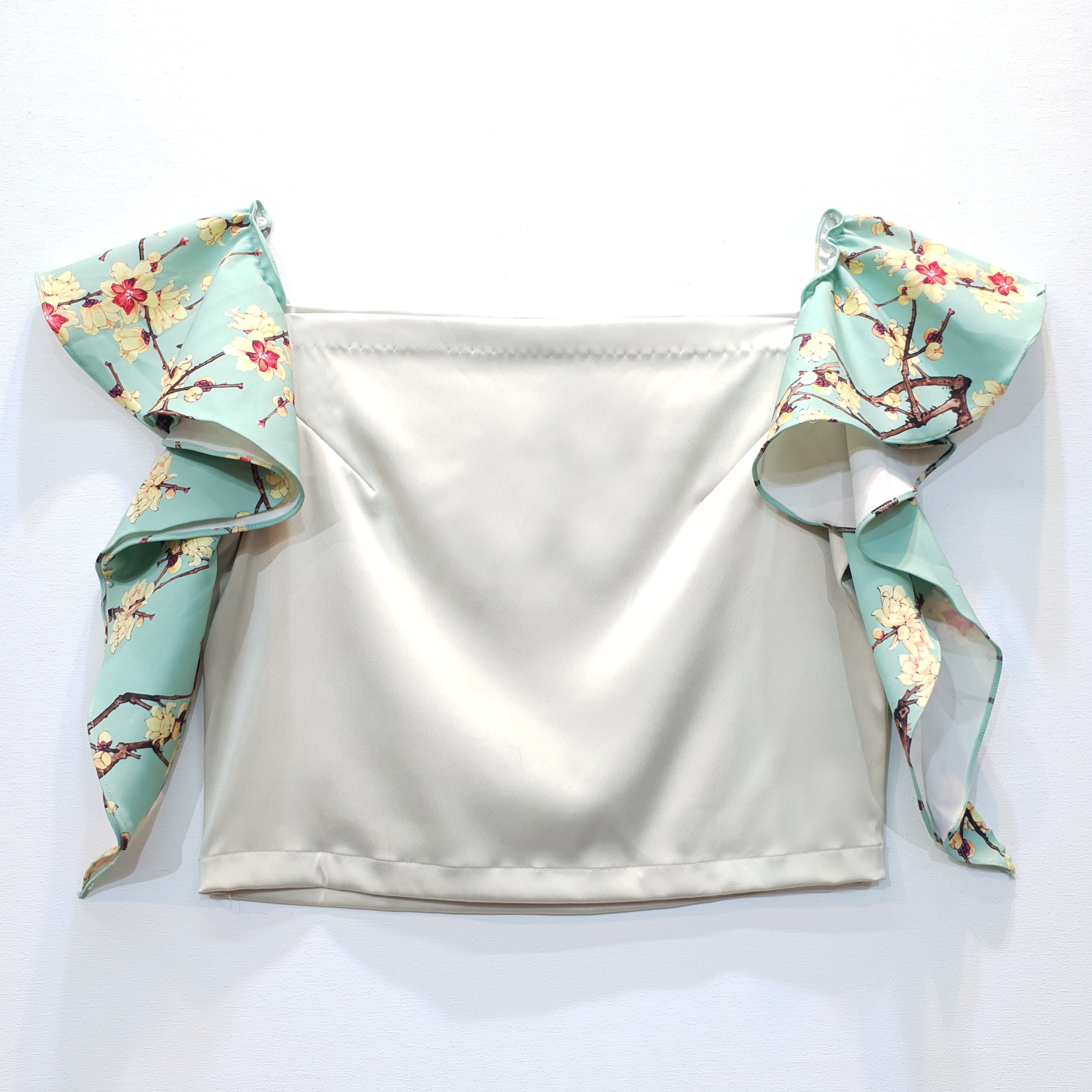 Ivory Duchess Satin Top with Printed Ruffle Shoulders-3