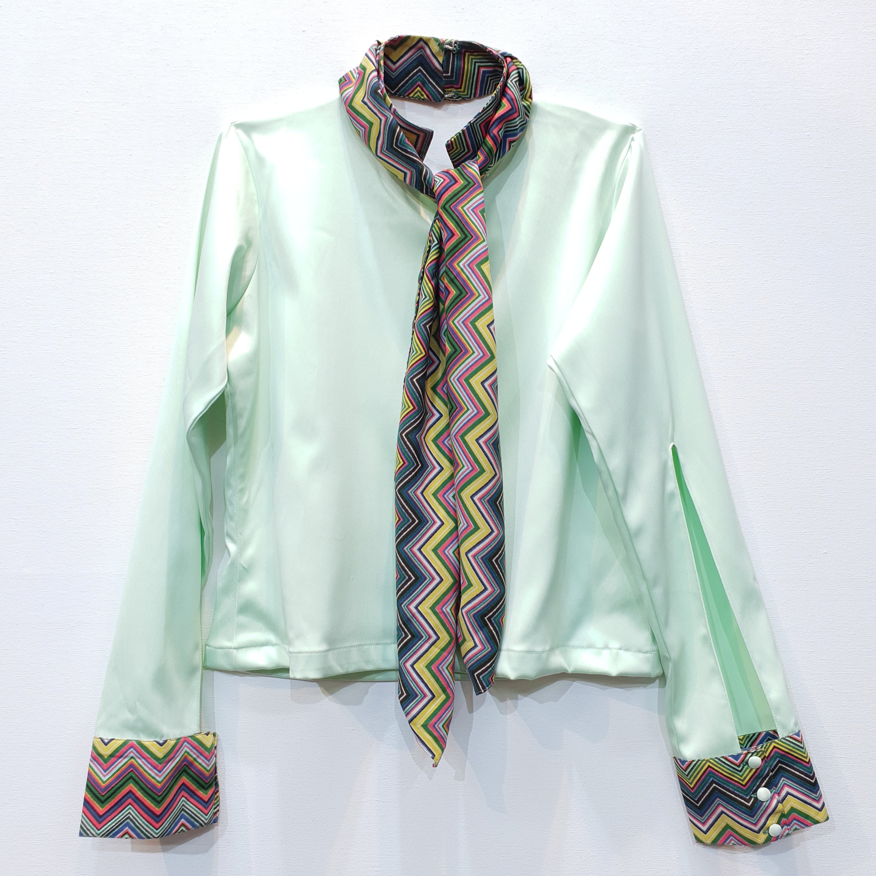Lime Green Duchess Satin Top with Printed Scarf & Cuff Detail-0