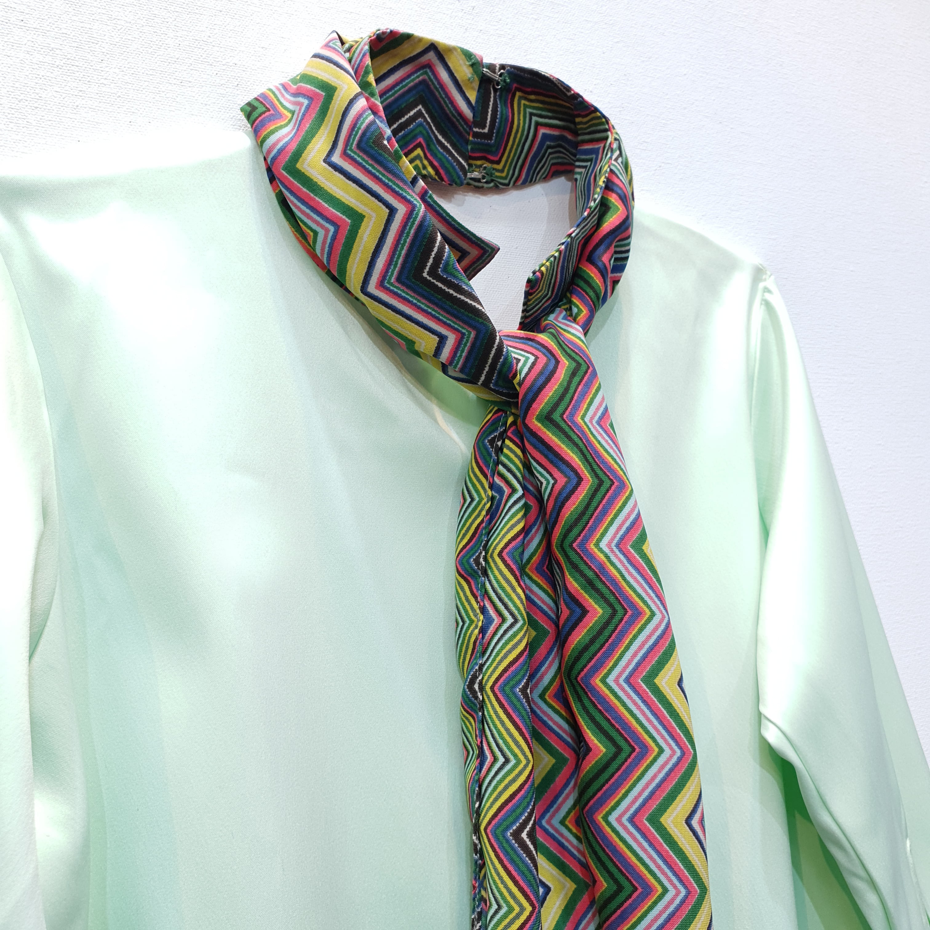 Lime Green Duchess Satin Top with Printed Scarf & Cuff Detail-3