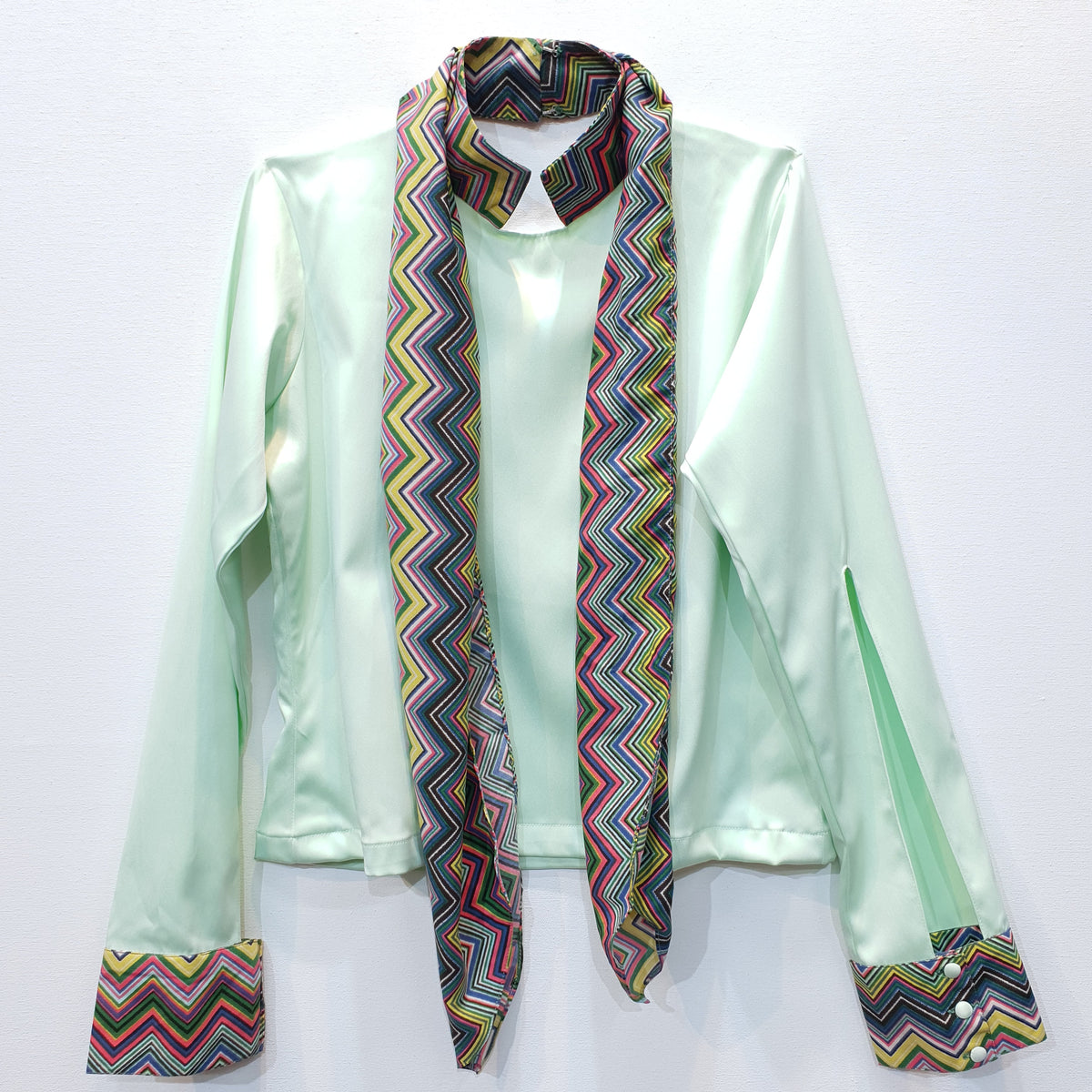 Lime Green Duchess Satin Top with Printed Scarf & Cuff Detail-1
