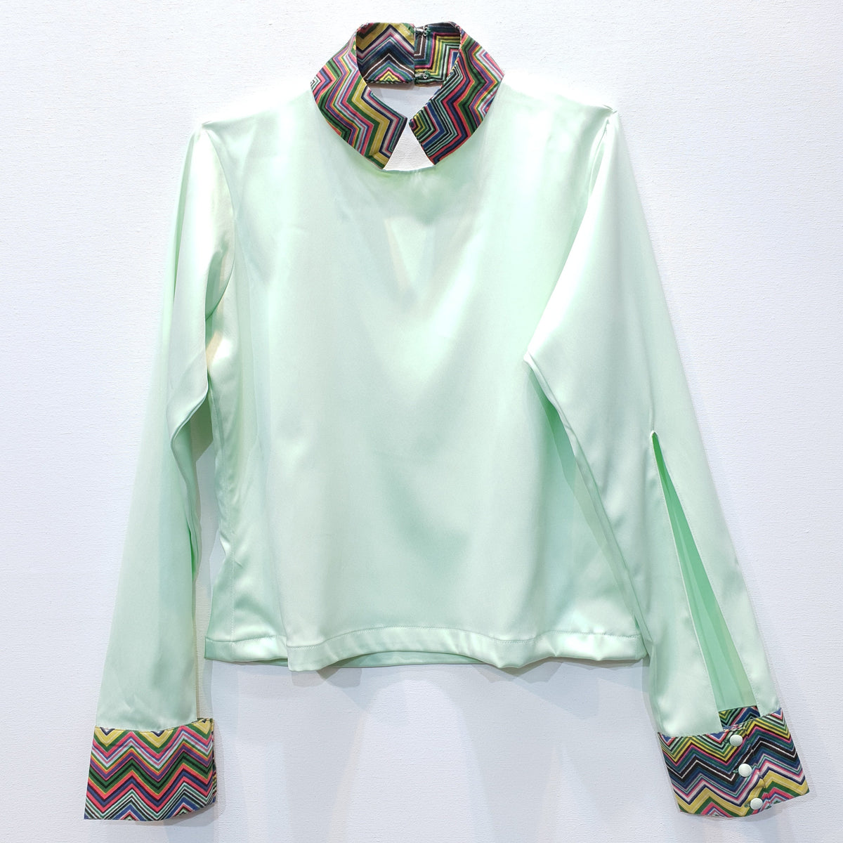 Lime Green Duchess Satin Top with Printed Scarf & Cuff Detail-2