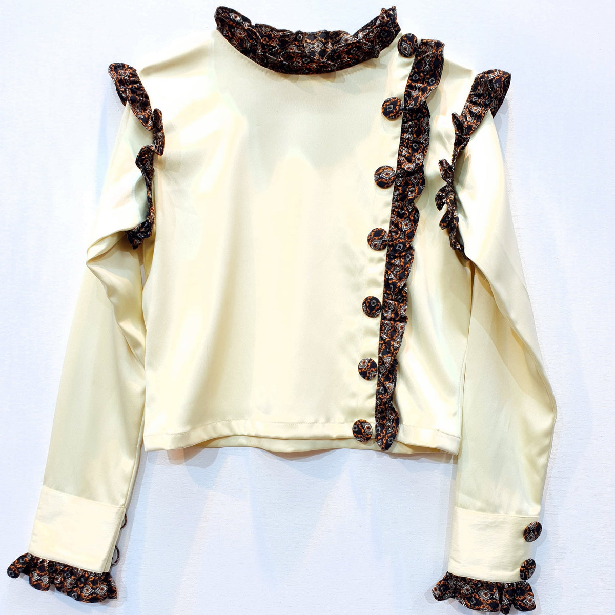 Butter Yellow Duchess Satin Top with Printed Ruffle Trim-4