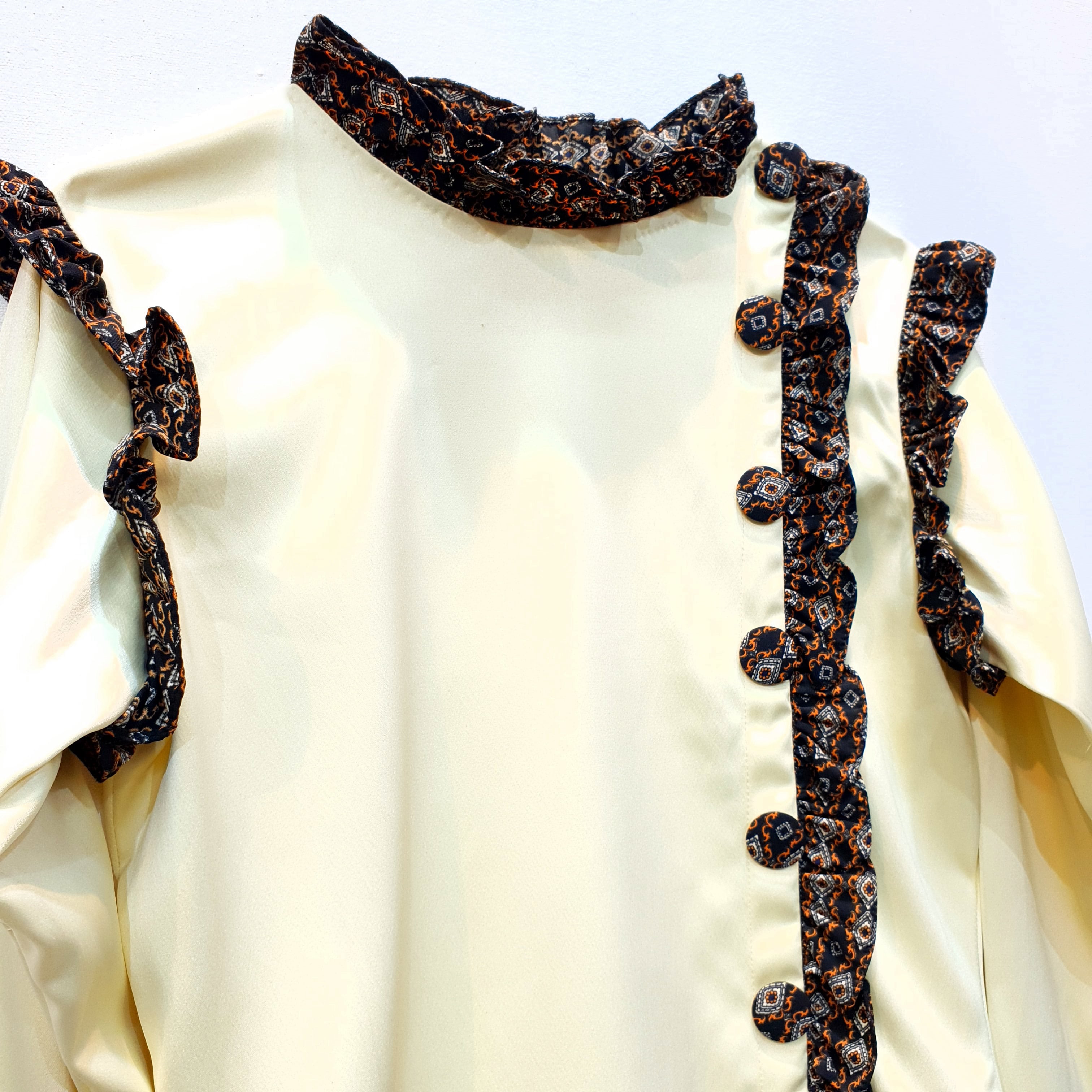 Butter Yellow Duchess Satin Top with Printed Ruffle Trim-0