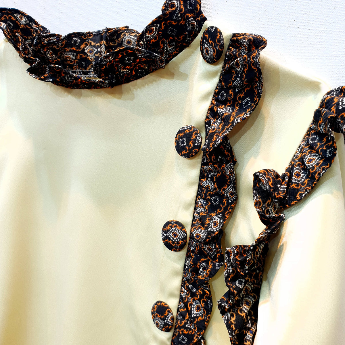 Butter Yellow Duchess Satin Top with Printed Ruffle Trim-2