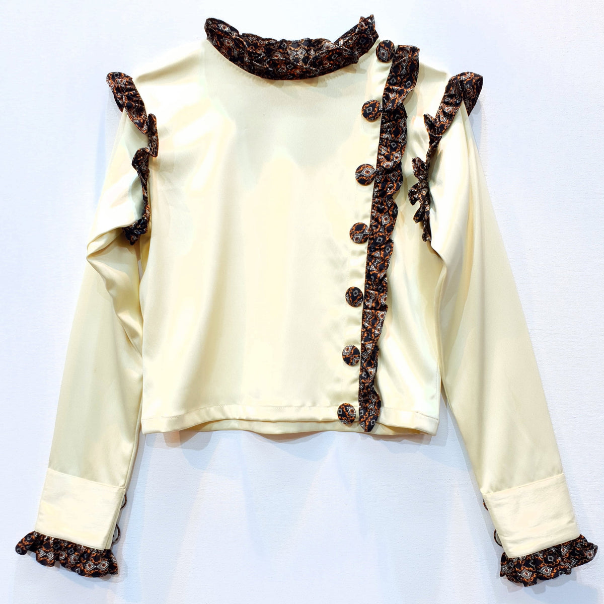 Butter Yellow Duchess Satin Top with Printed Ruffle Trim-3