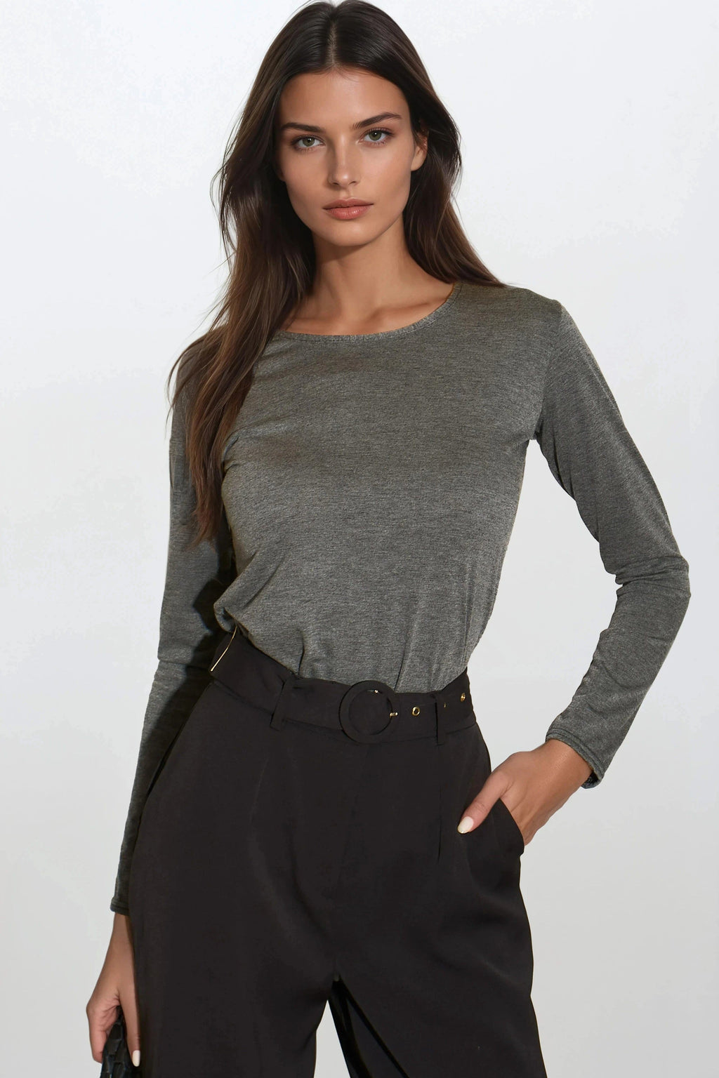 Charcoal Round Neck Long Sleeve Top-0