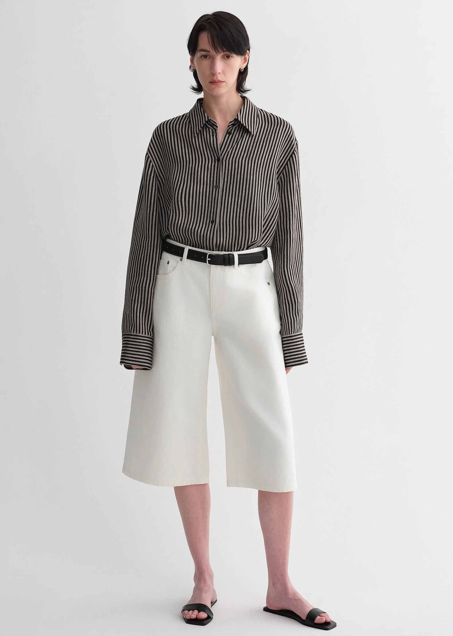 100% linen classic silhouette pinstripe lapel wide breathable long sleeve spring and summer shirt for women-4