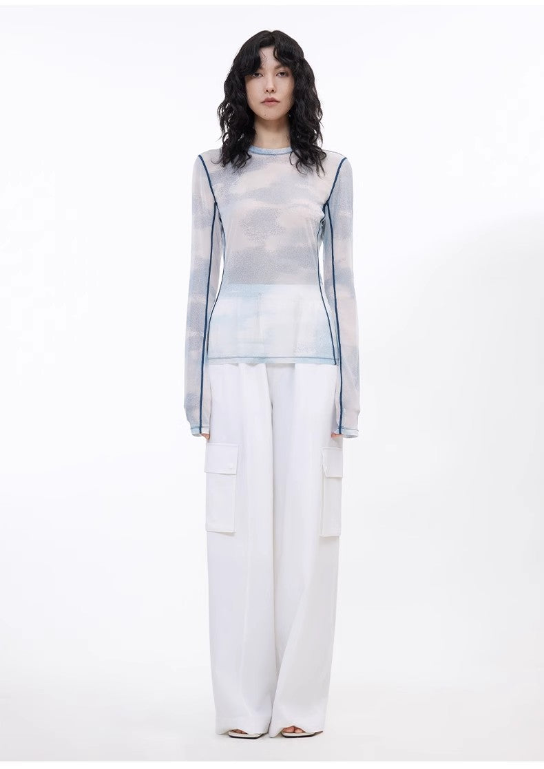 Smudge-printed mesh slightly see-through long-sleeved T-shirt for women-0