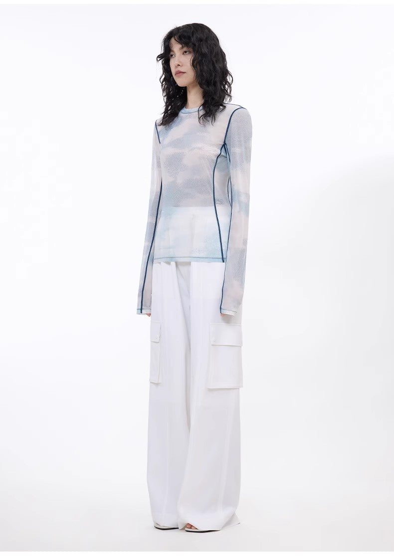 Smudge-printed mesh slightly see-through long-sleeved T-shirt for women-4