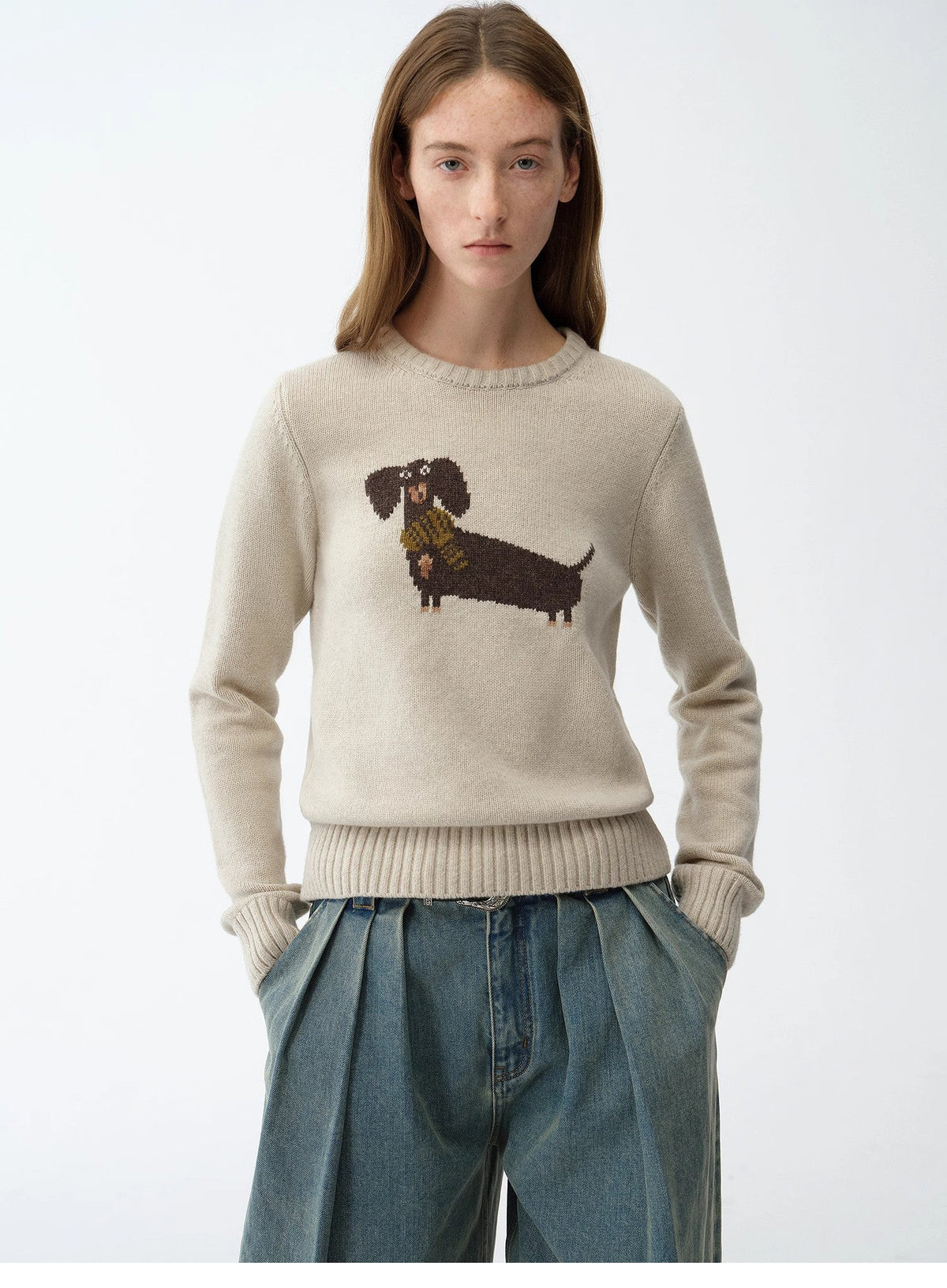 "Brani" Superfine Merino Wool Cotton Blend Animal Jacquard Round Neck Sweater for Women-1