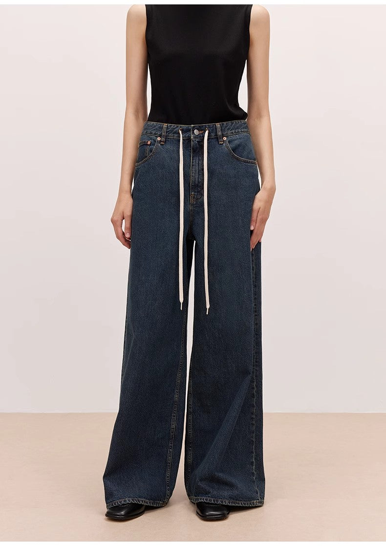 "Retro Blues" fashionable high waist pleated design washed casual wide leg jeans for women-4