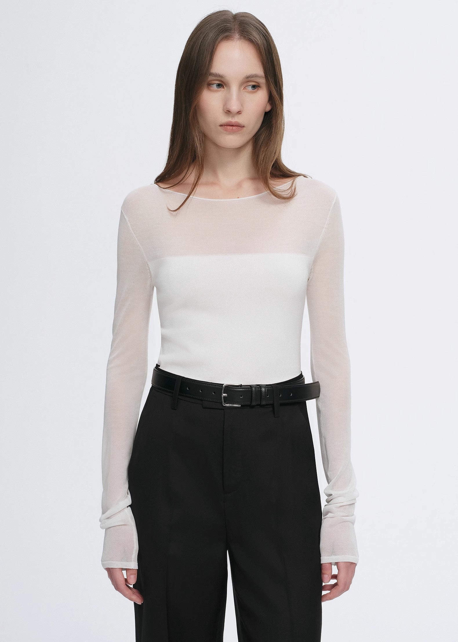 Transparent patchwork acetate Tencel temperament slim fit slim long sleeve T-shirt for women-1
