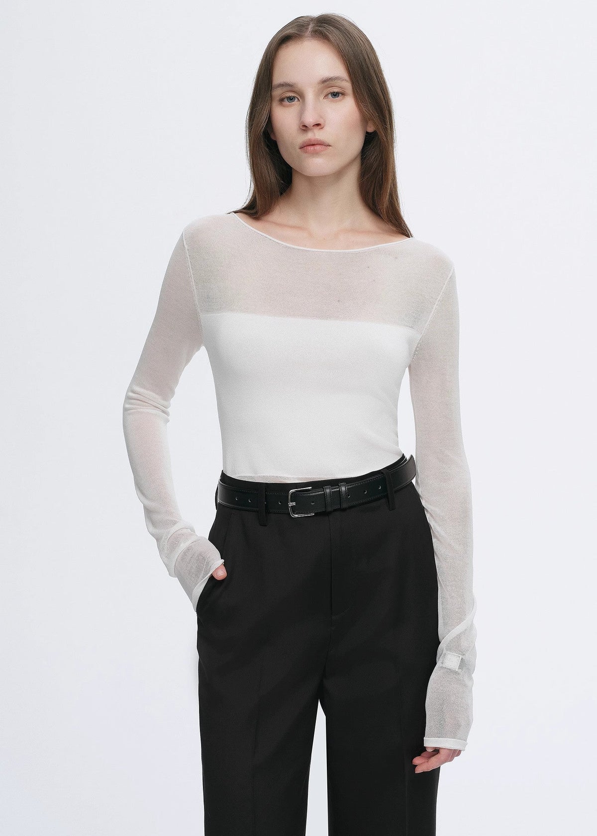 Transparent patchwork acetate Tencel temperament slim fit slim long sleeve T-shirt for women-4