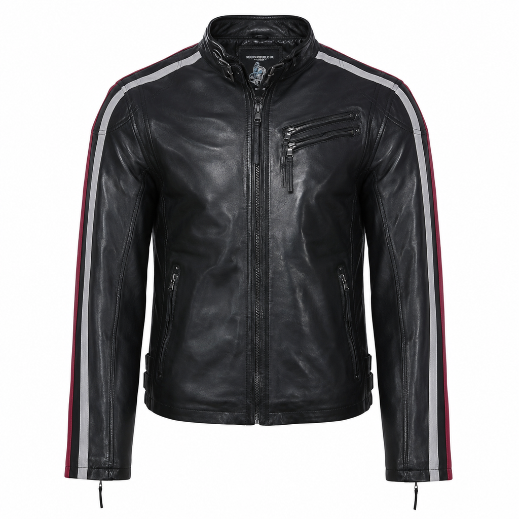 Men’s Black Leather Motorcycle Jacket with Red & White Stripes-0