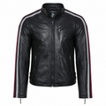 Men’s Black Leather Motorcycle Jacket with Red & White Stripes-0