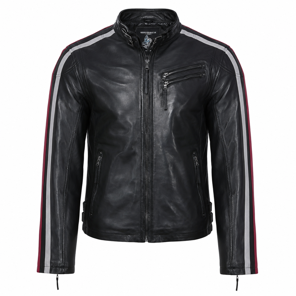Men’s Black Leather Motorcycle Jacket with Red & White Stripes-0