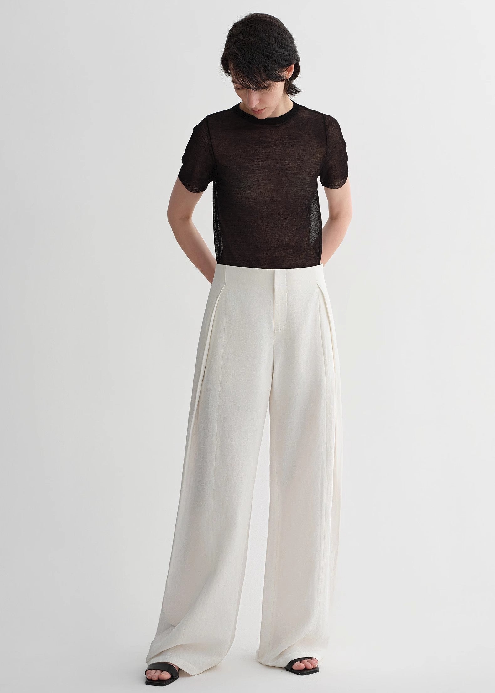 Summer mulberry silk linen waistless three-dimensional pleated wide-leg pants for women-0