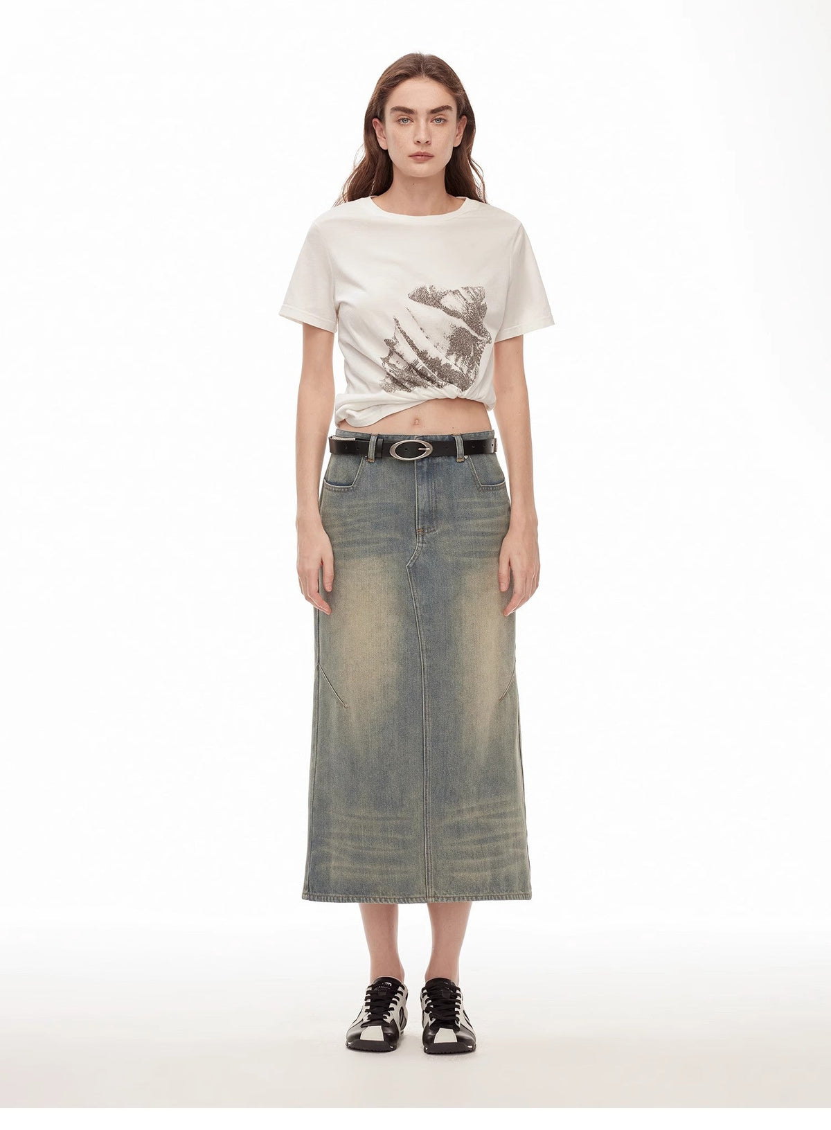 "Dawn Denim" retro old enzyme washed mid-low waist slim fishtail flared slim denim skirt-0