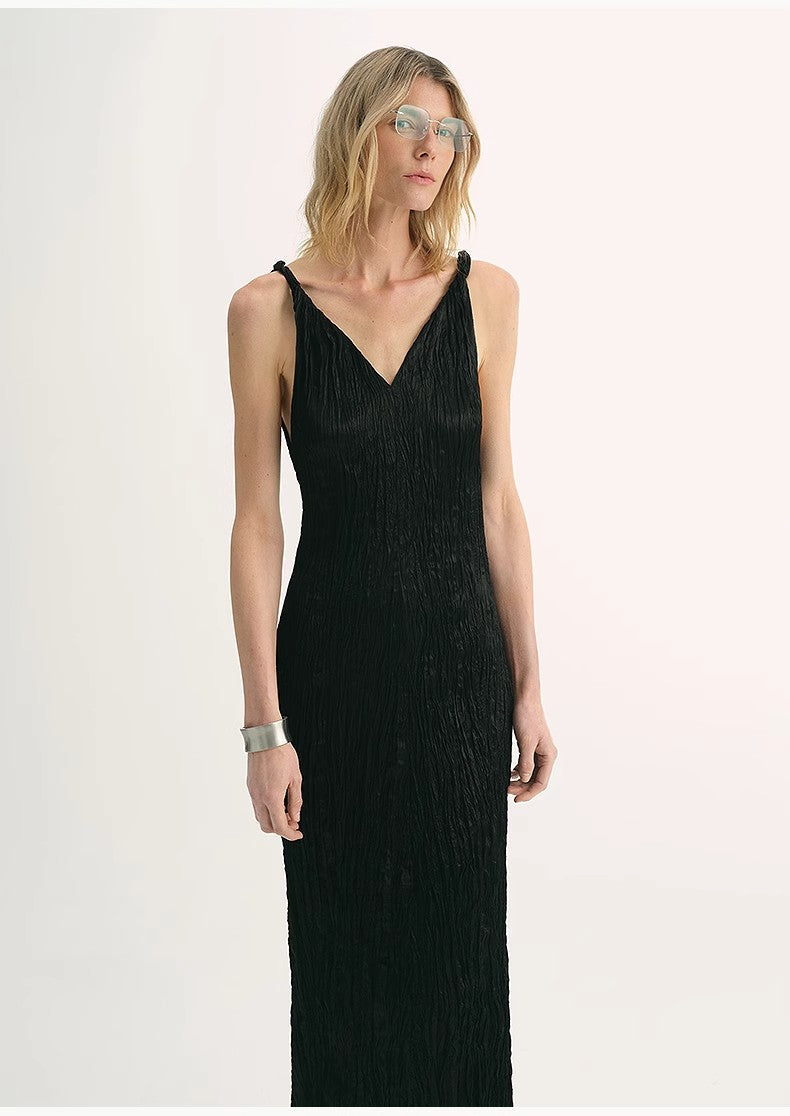 EASTMAN Ice Gloss Acetate Three-Dimensional Wave Drape Pleated V-Neck Suspender Dress-0