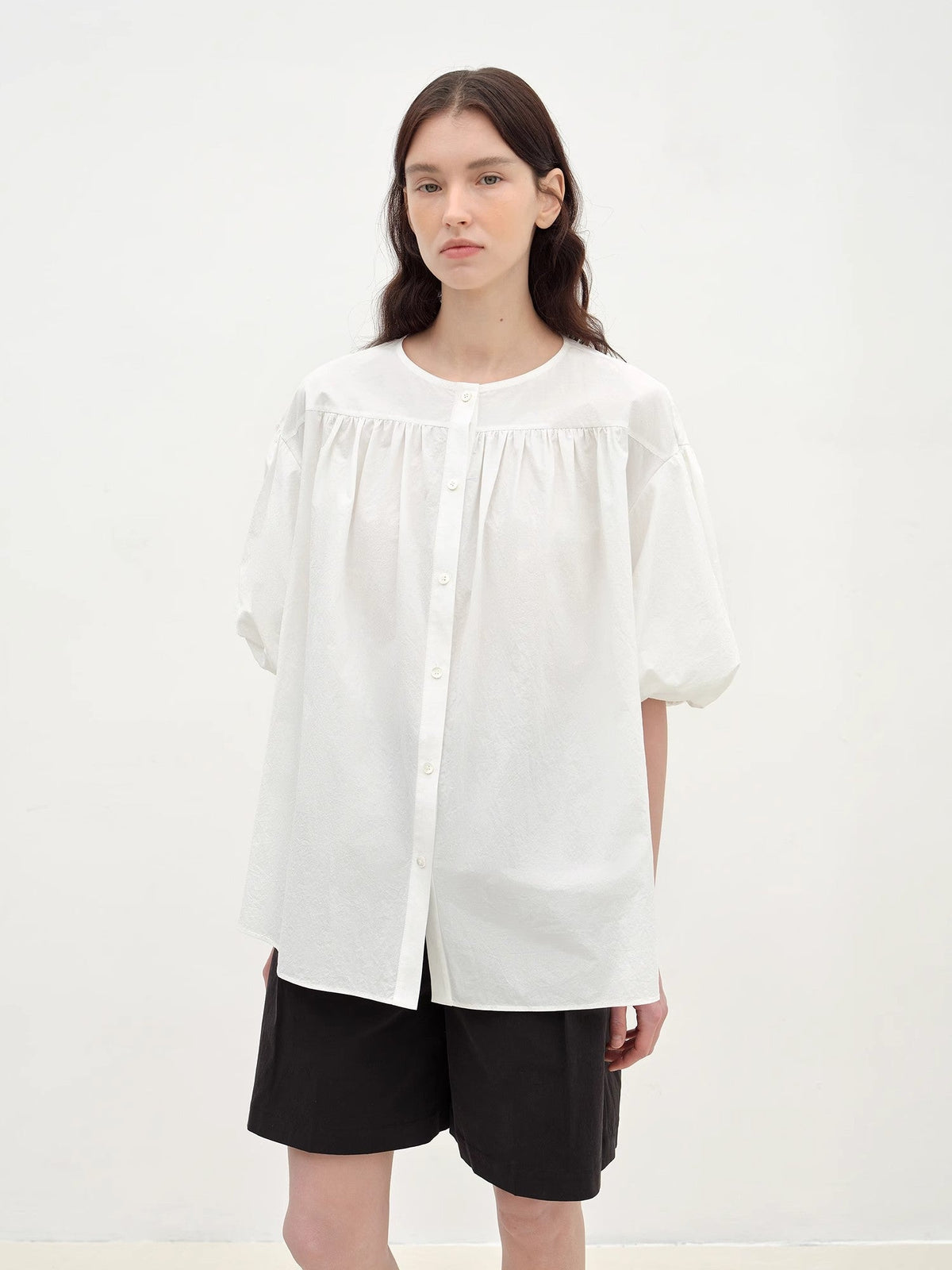 "Romantic Line Drawing" Pure Cotton Slightly Wrinkled Puff Sleeve Short Top for Women-1