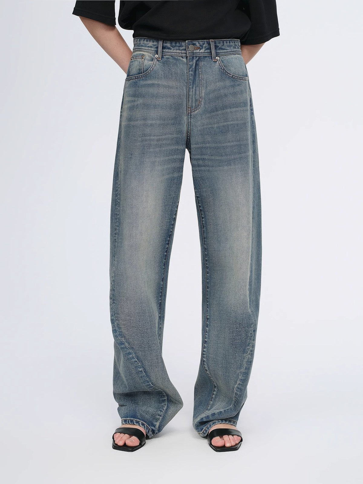 Vintage heavy cotton polyester blended washed comfortable slim front curved jeans-1