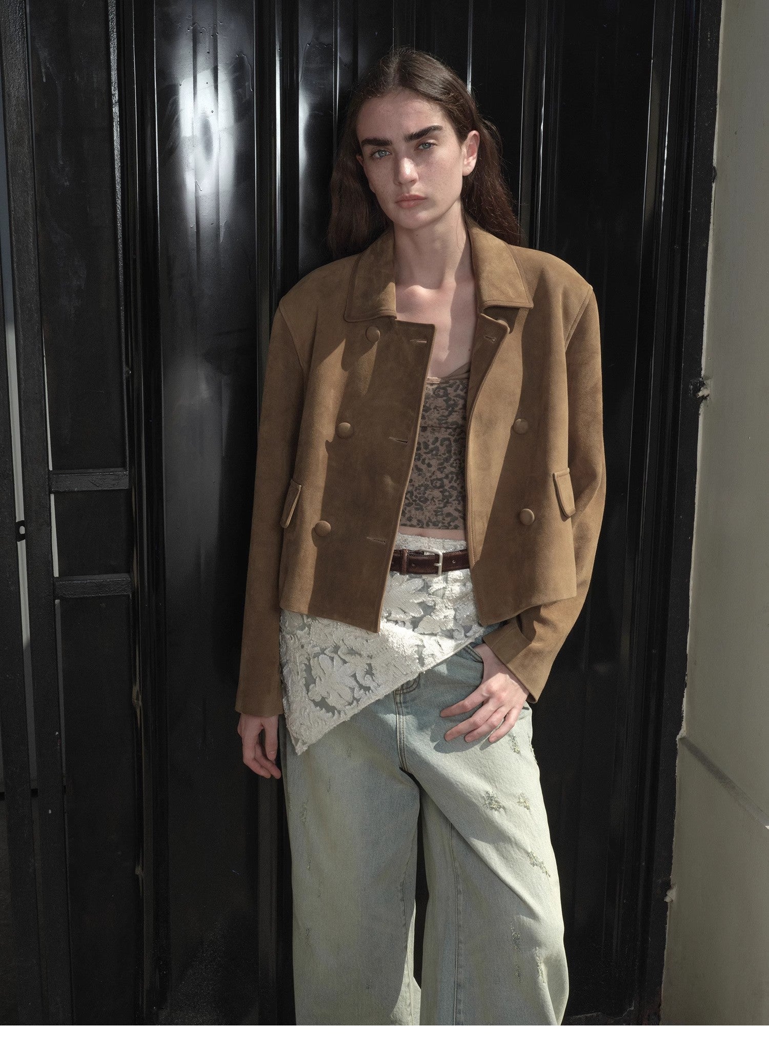 "Nth power" suede lambskin retro double-breasted lapel wide-shoulder genuine leather jacket imported from New Zealand-3