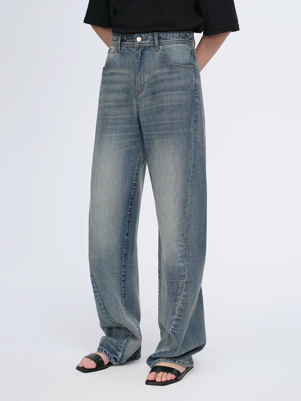 Vintage heavy cotton polyester blended washed comfortable slim front curved jeans-4