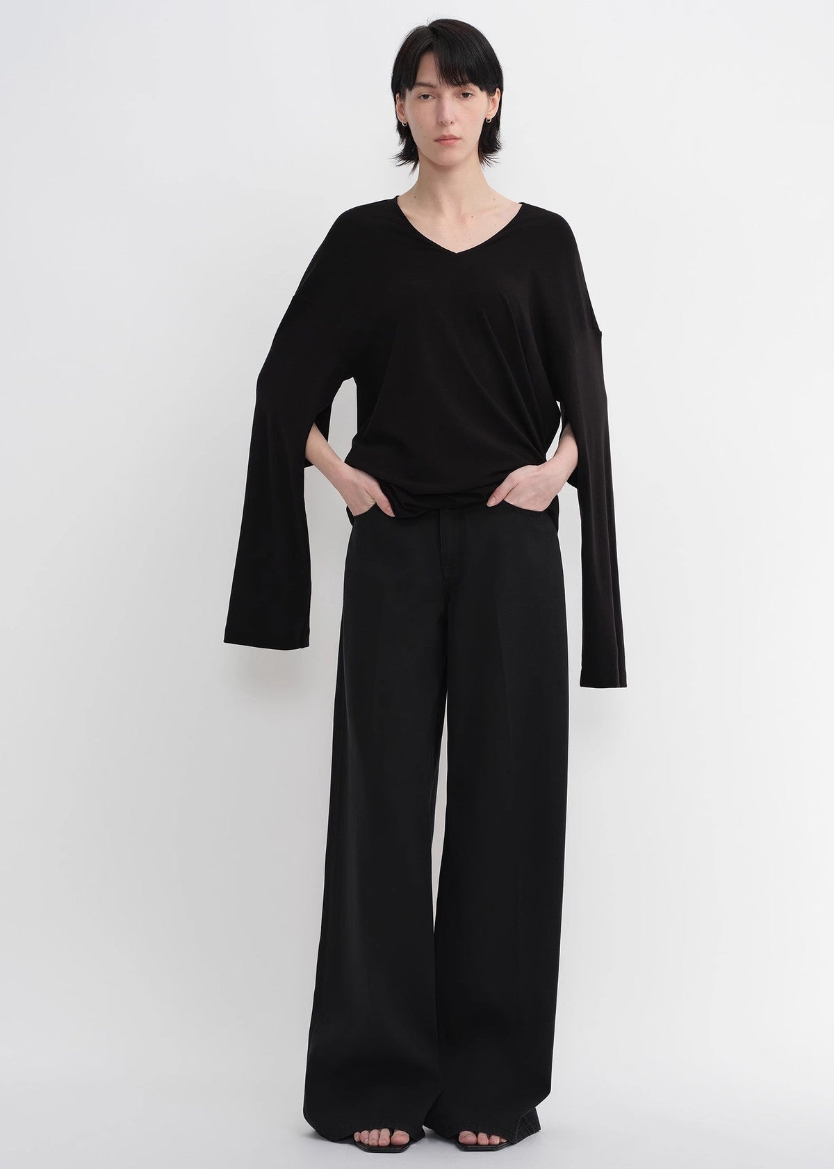 Machine washable Tencel wool V-neck two-wear elastic hem T-shirt bottoming shirt-0