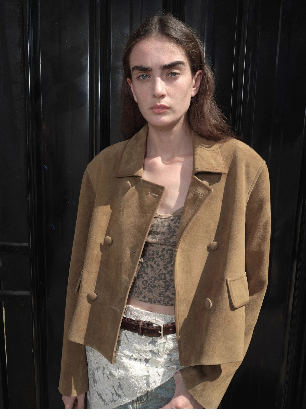 "Nth power" suede lambskin retro double-breasted lapel wide-shoulder genuine leather jacket imported from New Zealand-4