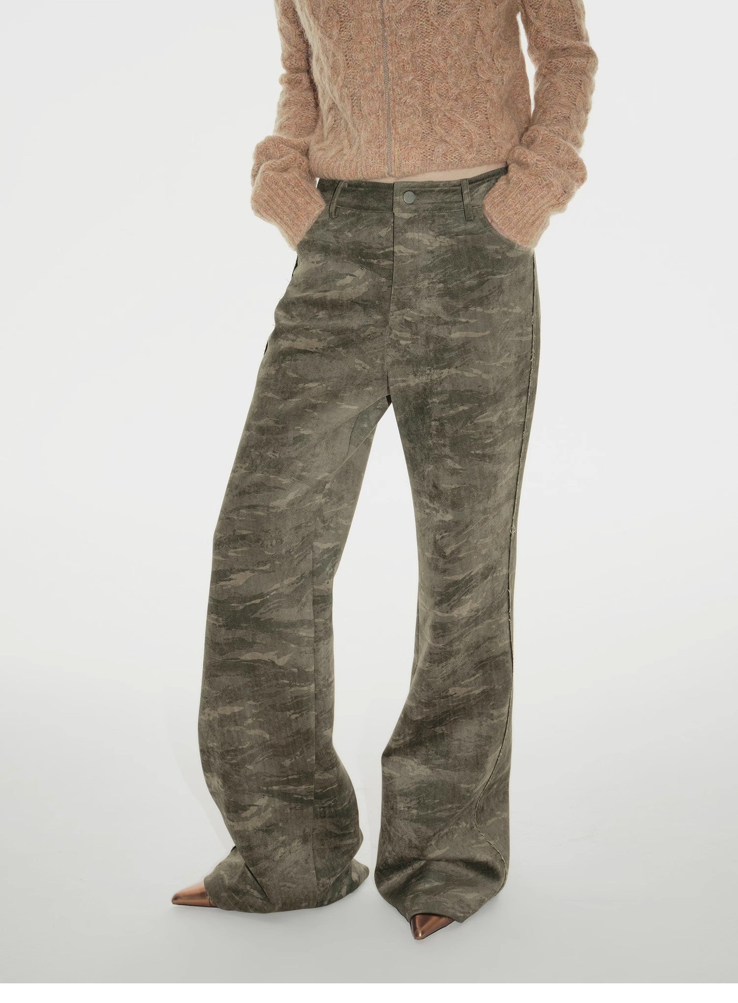 "Green Camouflage"Fashionable and versatile camouflage print chenille suede slim bootcut casual pants-4