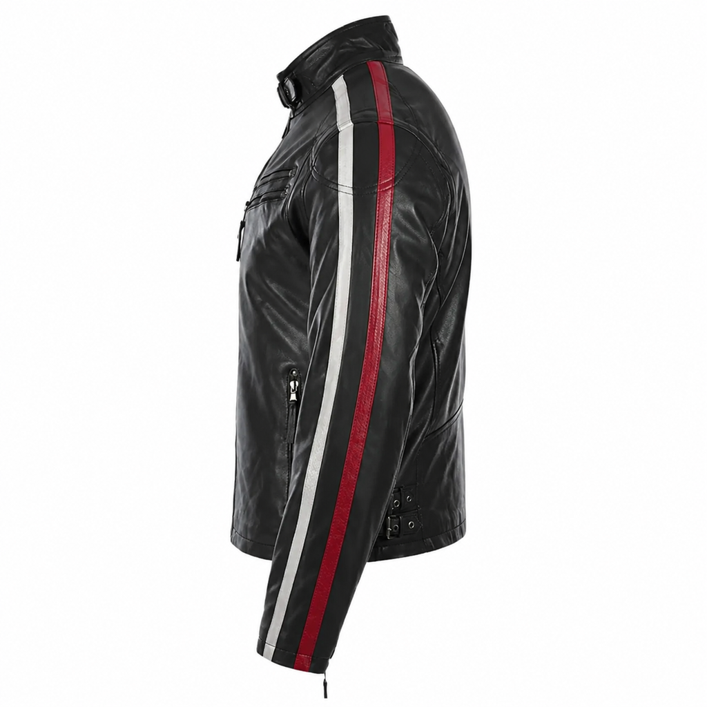 Men’s Black Leather Motorcycle Jacket with Red & White Stripes-2