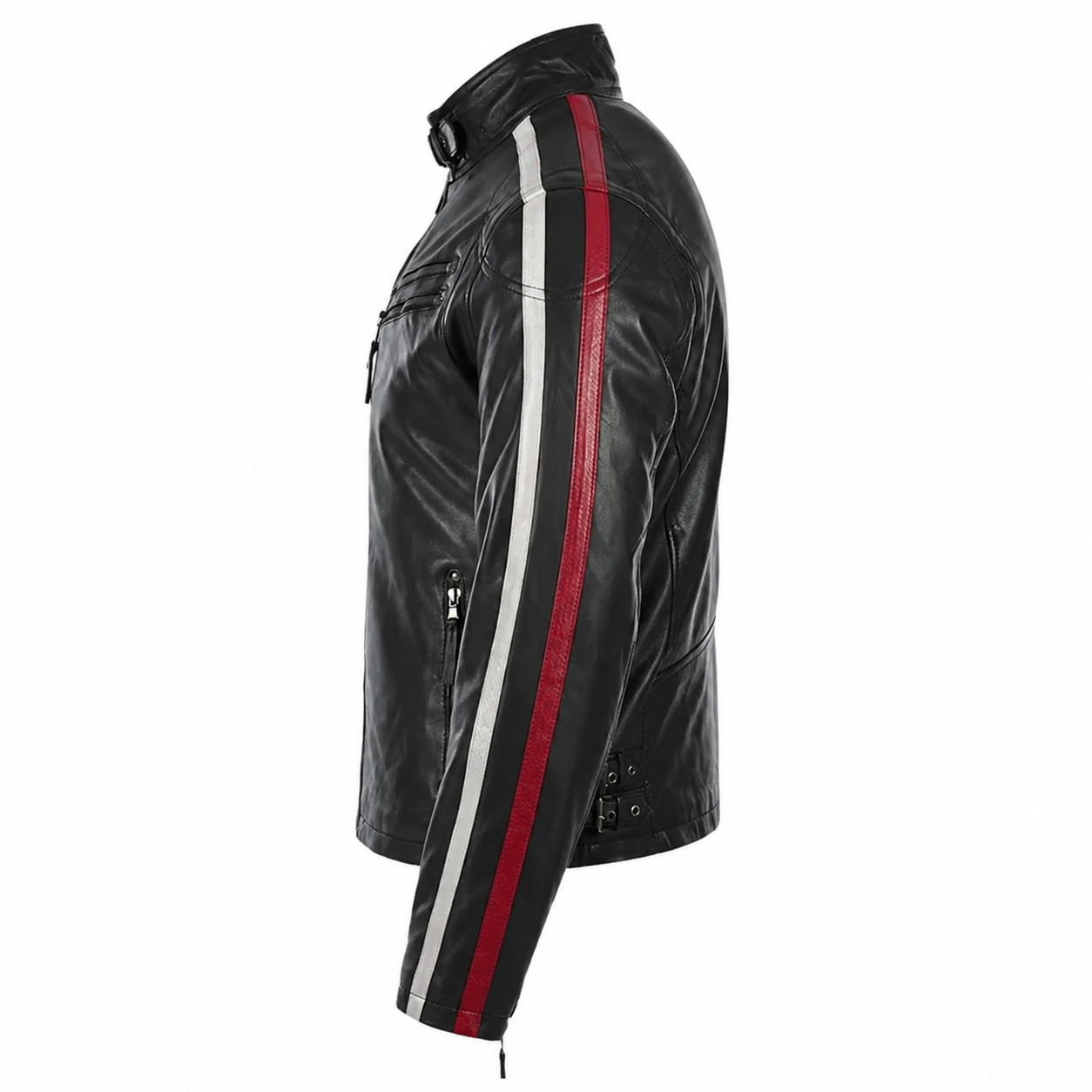 Men’s Black Leather Motorcycle Jacket with Red & White Stripes-2