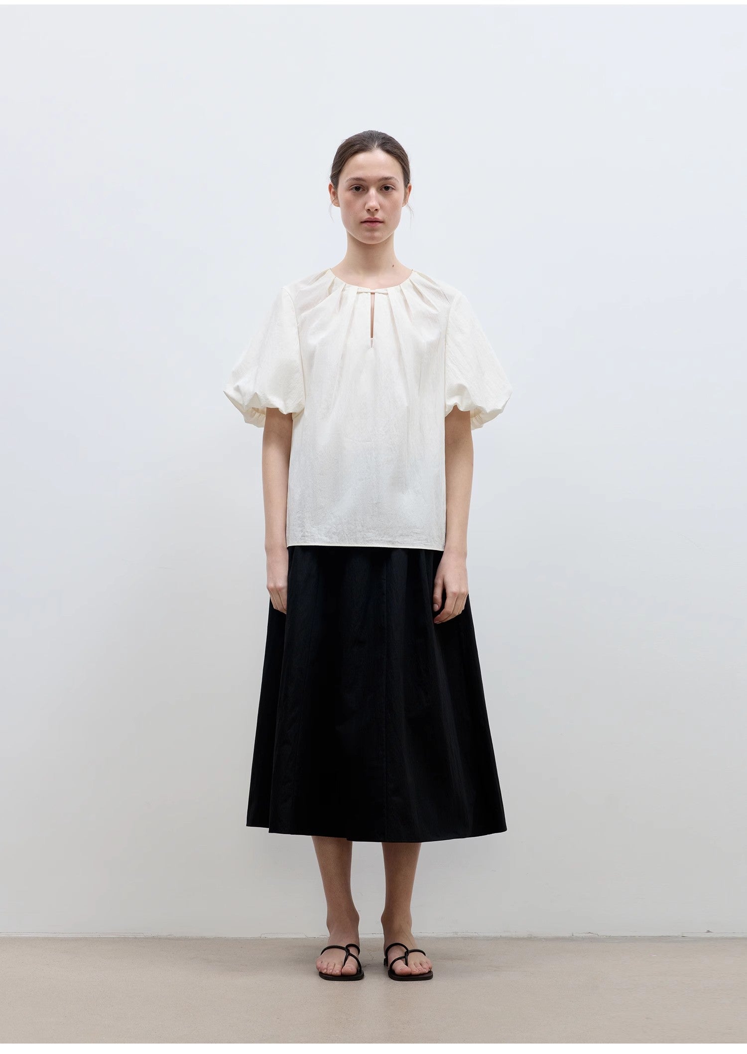 "Iceland Diary" neckline pleated design round neck tie puff sleeve short sleeve shirt for women-0