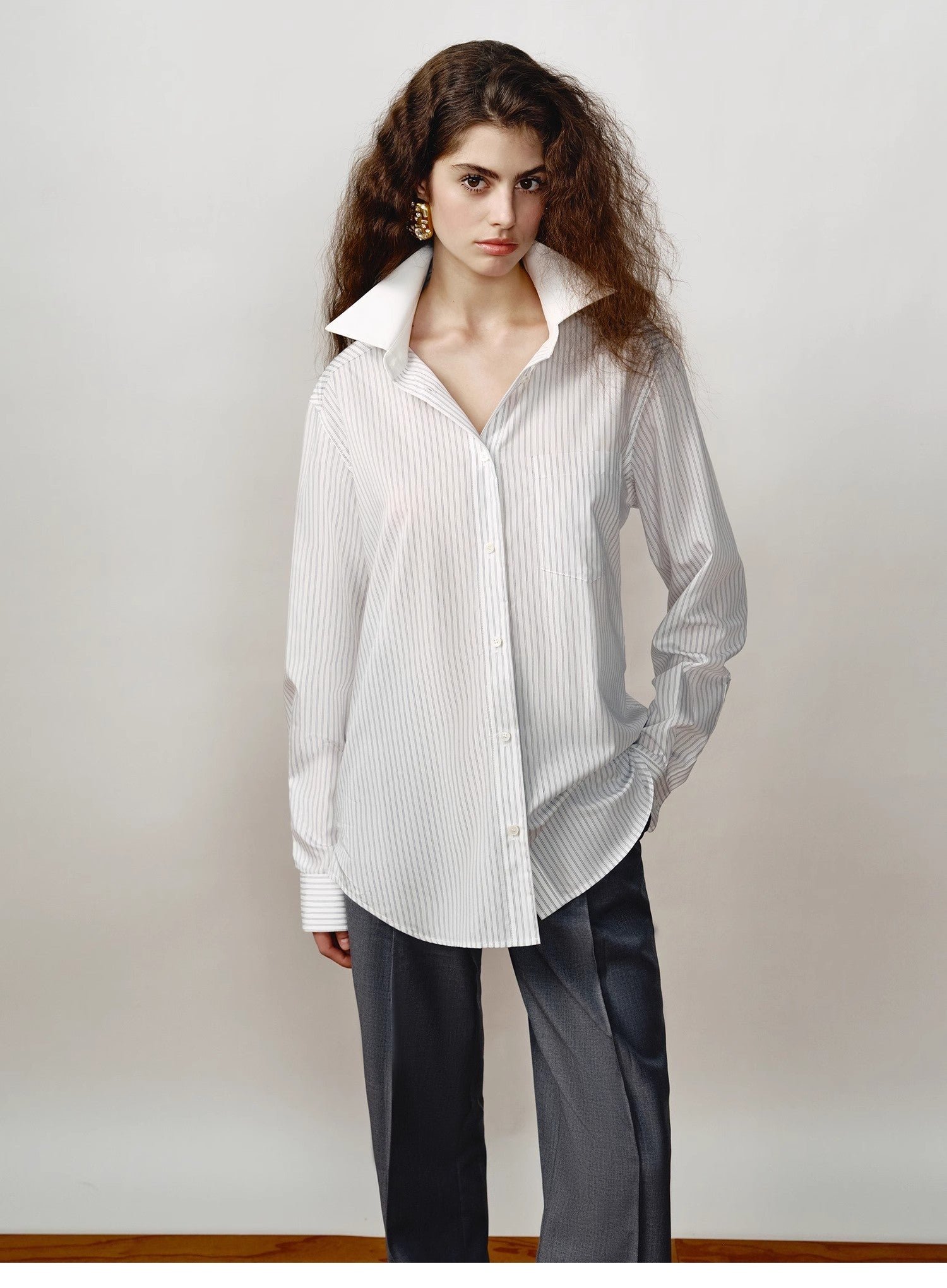 [FF×JW Ghosn Stripe] Lapel contrast classic striped shirt-1