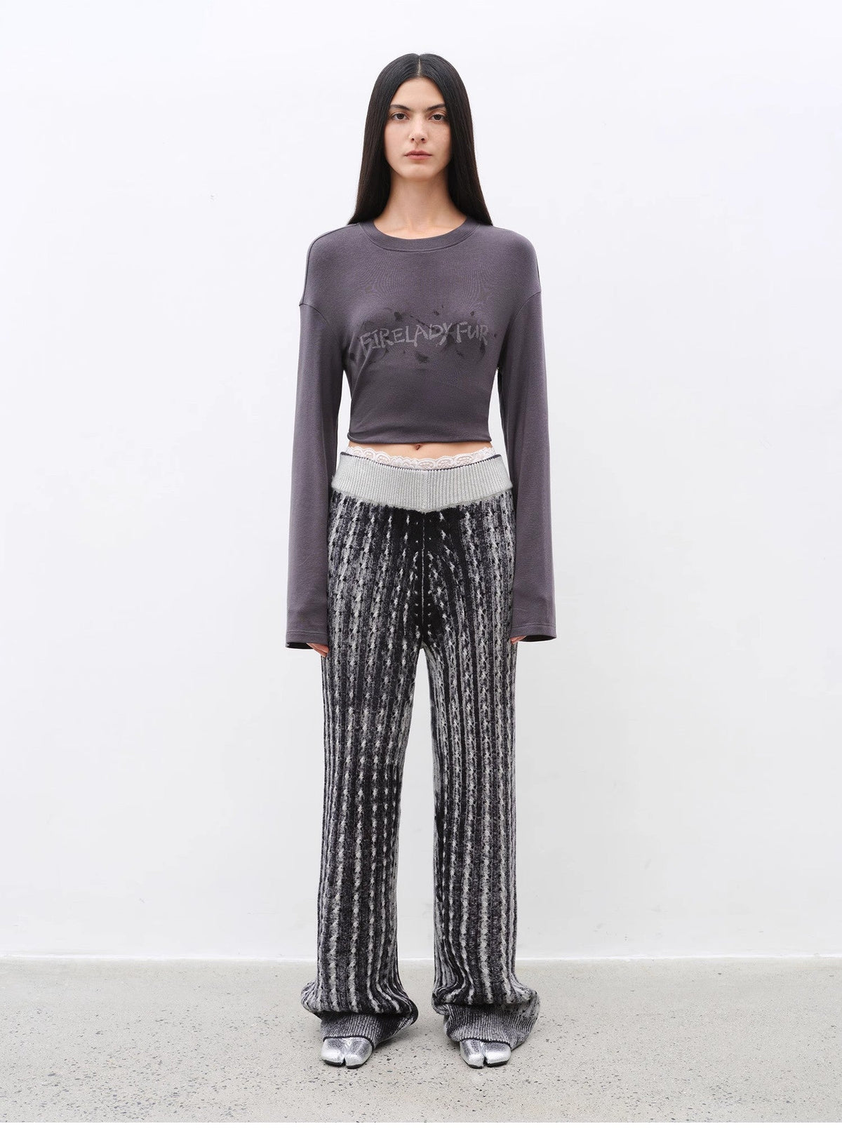 "Winter Date" fashionable slim silhouette permeation printing and dyeing process loose knitted straight pants-0