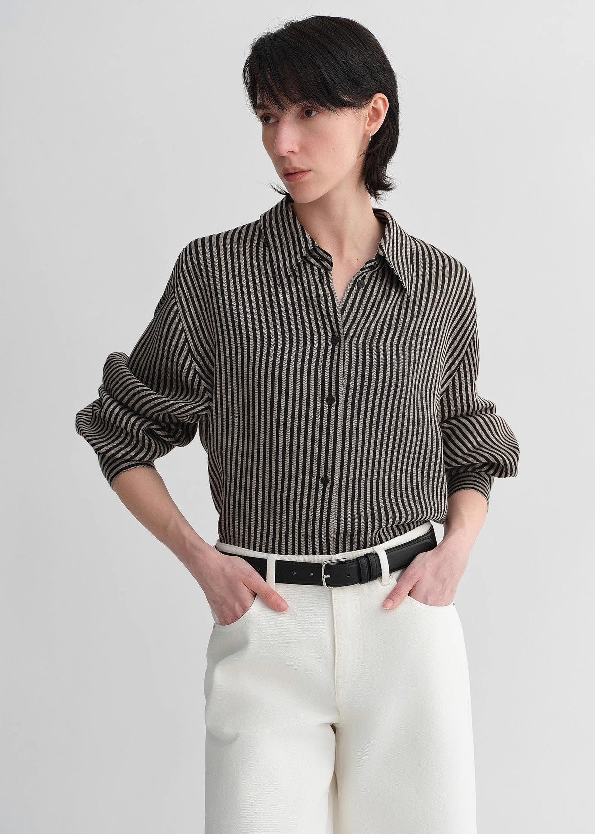 100% linen classic silhouette pinstripe lapel wide breathable long sleeve spring and summer shirt for women-1