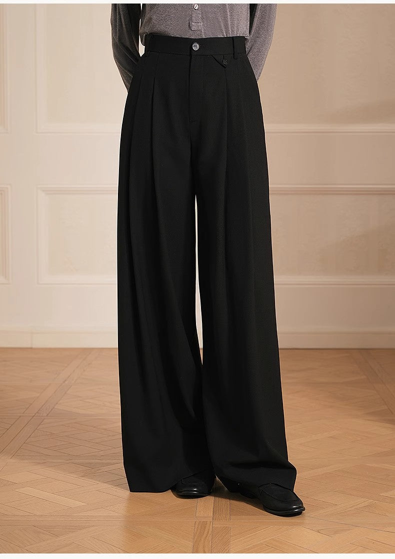 Merino wool blended double pleated wide-leg pants for women, versatile, drapey and comfortable casual trousers-1