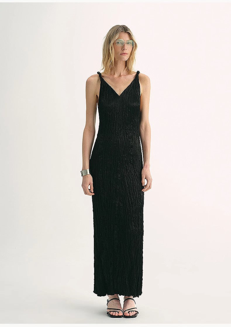 EASTMAN Ice Gloss Acetate Three-Dimensional Wave Drape Pleated V-Neck Suspender Dress-4
