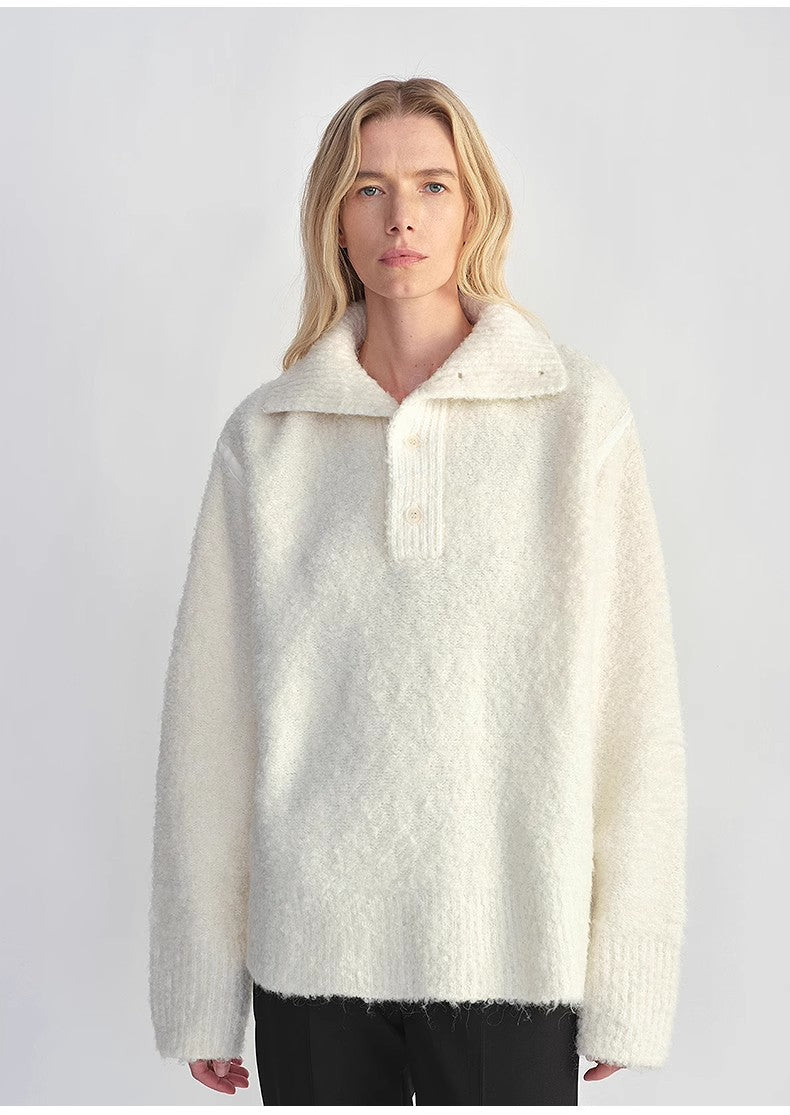 Alpaca wool blended bouclé yarn Spliced POLO shirt Lazy and relaxed sweater-4